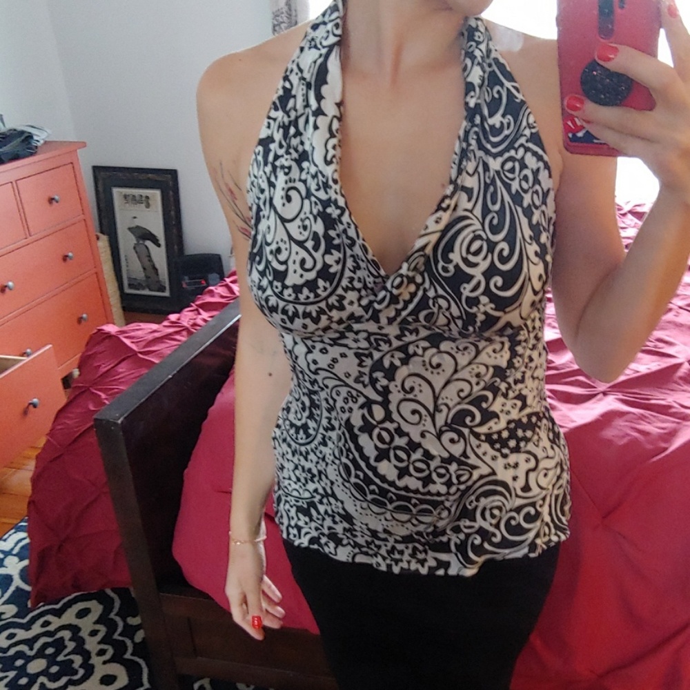 Halter top. Silky material. No bra needed, fun!